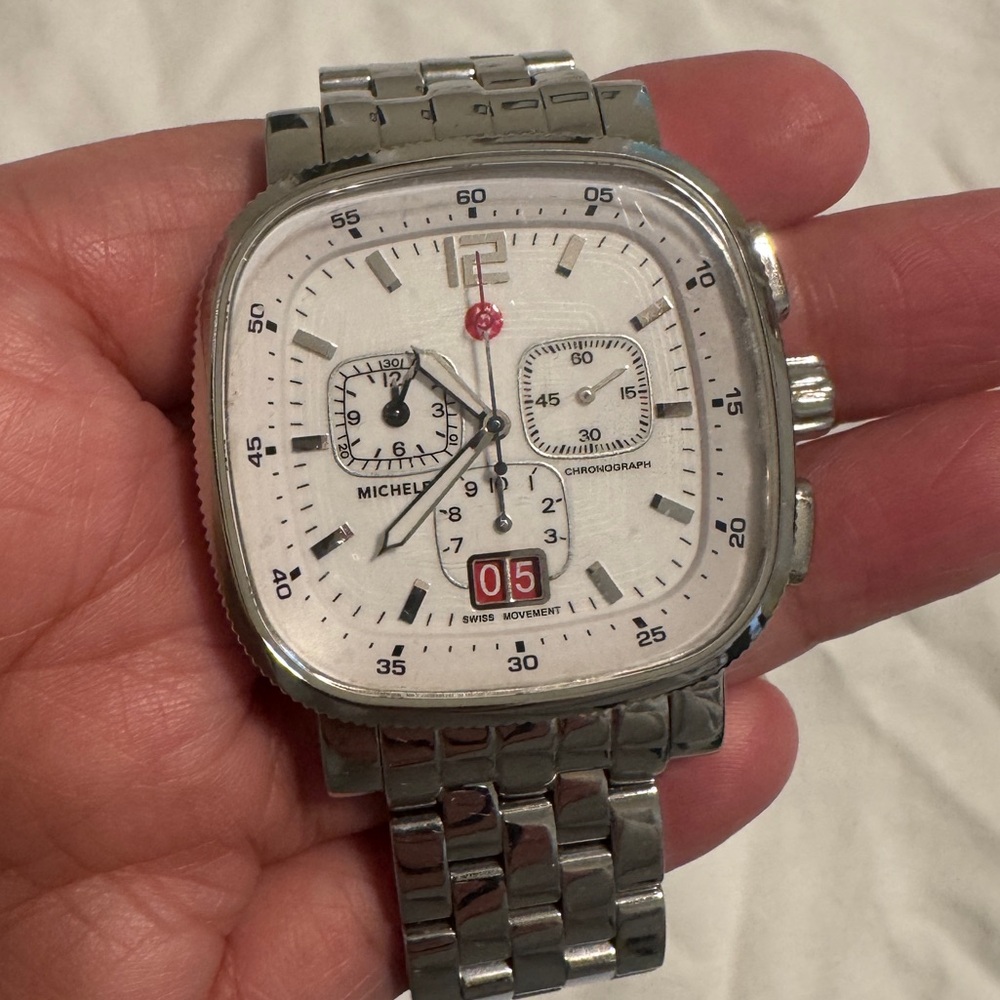 Michele Stainless Steel Chronograph Watch - Silver with Red Details